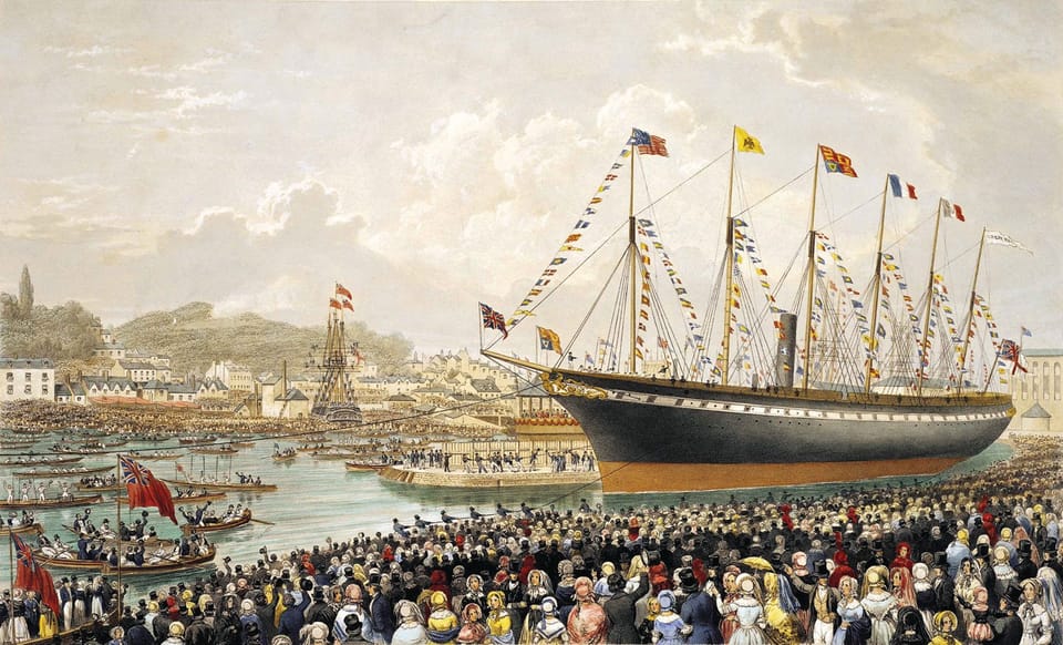 painting of the SS Great Britain being launched in front of a large crowd of people