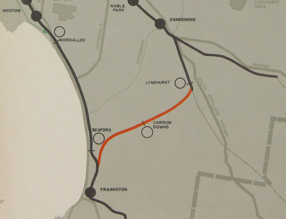 Screenshot showing an indicative route of a new railway between Lyndhurst and Frankston