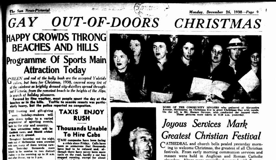 Photo of a newspaper with the headline 'Gay Out-of-Doors Christmas' from 1938
