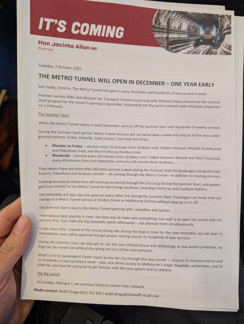 Photo of the press release from 7 October 2025 announcing opening of the Metro Tunnel and 'The Big Switch'