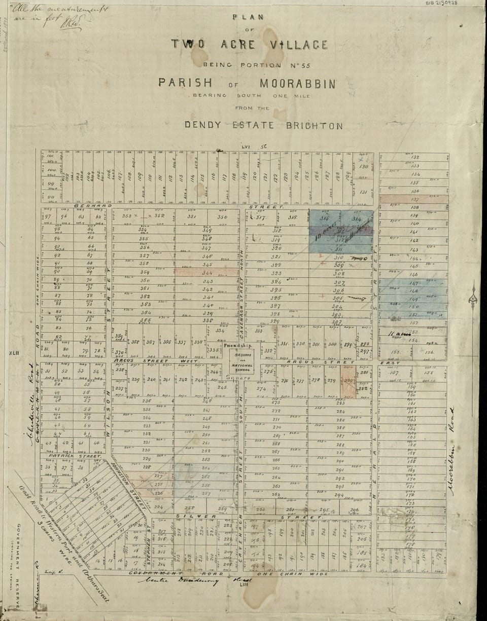 A plan of Two Acre Village in the Parish of Moorabbin showing property boundaries and streets