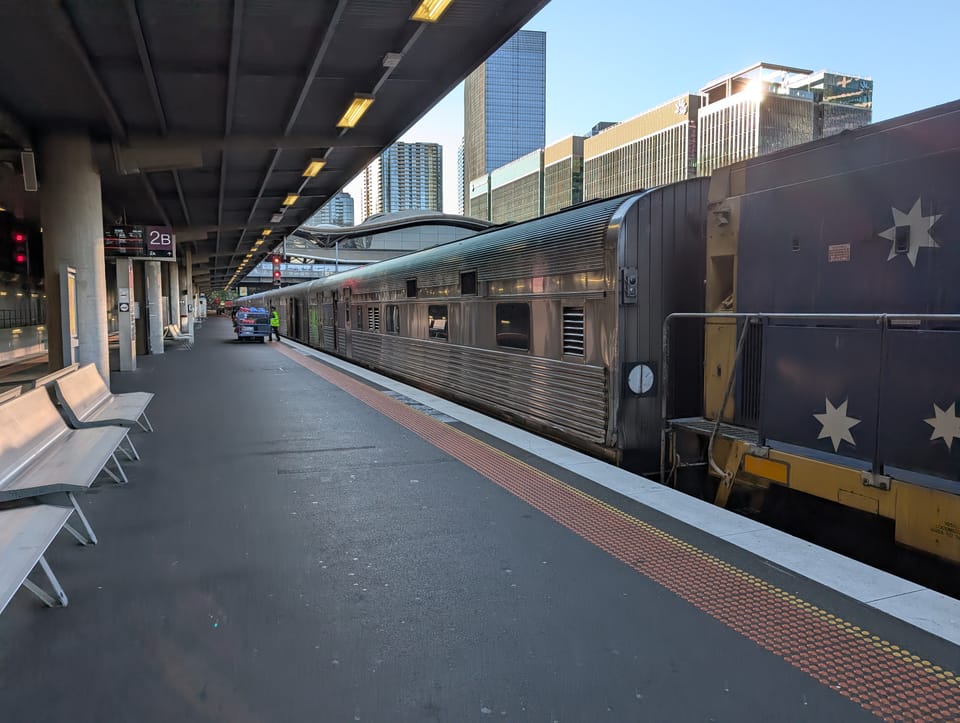 Photo of the Overland Train waiting at Platform 2B at Southern Cross Station in Melbourne during the day.