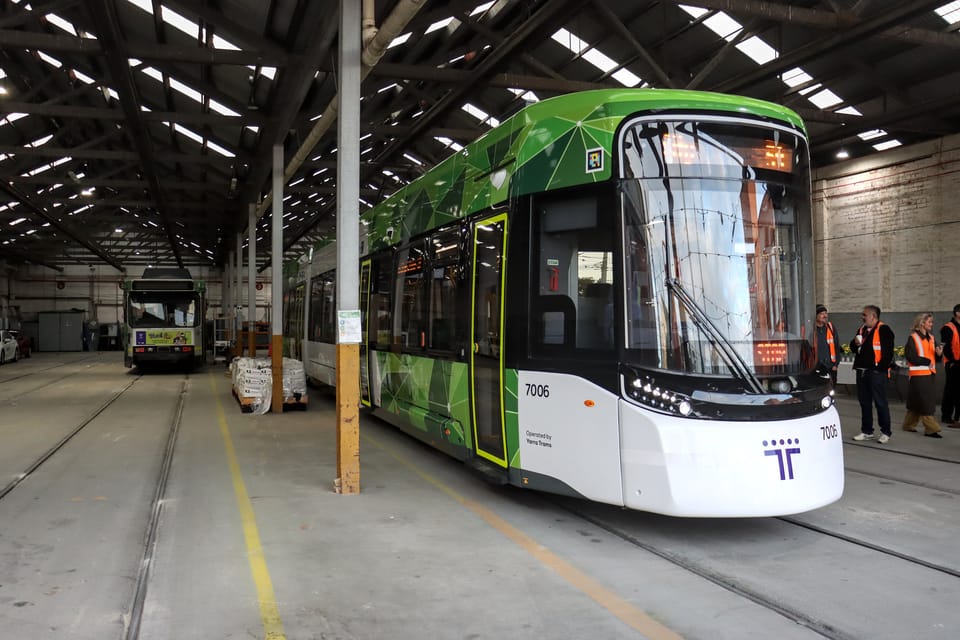 G class tram number 7006 next to B2 class tram in Essendon Tram Depot