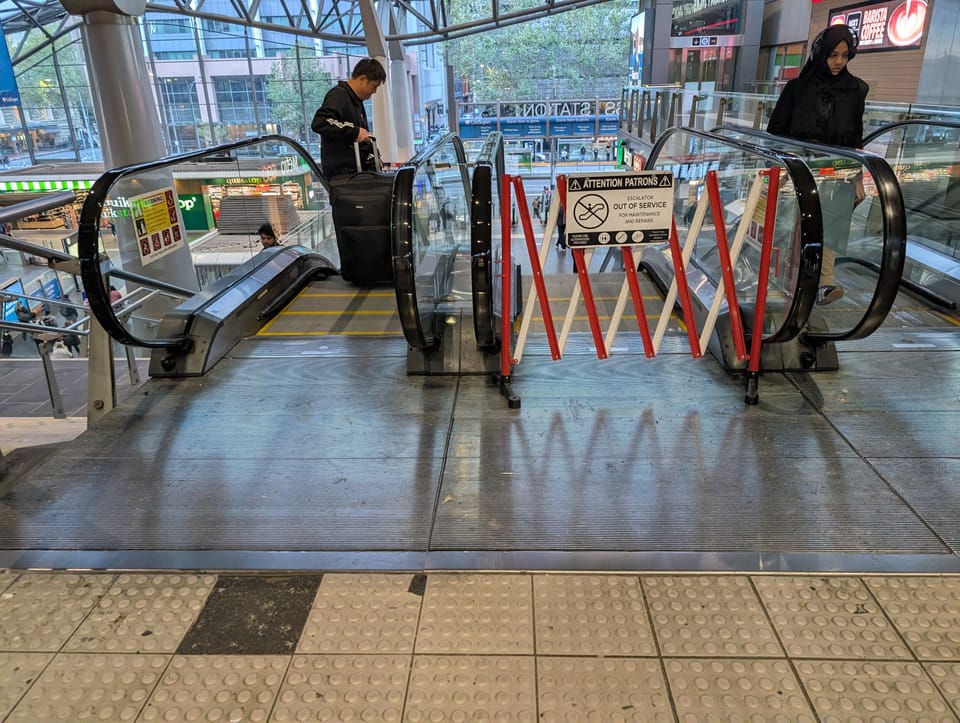 A photo of a broken escalator at Southern Cross Railway Station in Melbourne, Australia