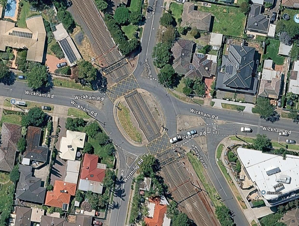 Aerial image of the roundabout level crossing a Wickham Road in Highett, Melbourne